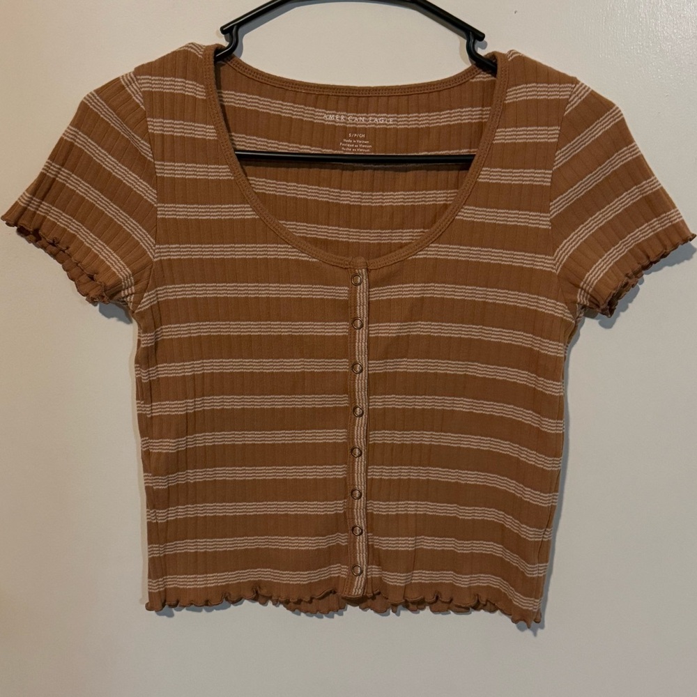 American Eagle Outfitters Cropped Button-Up Top Warm Brown White Striped Small